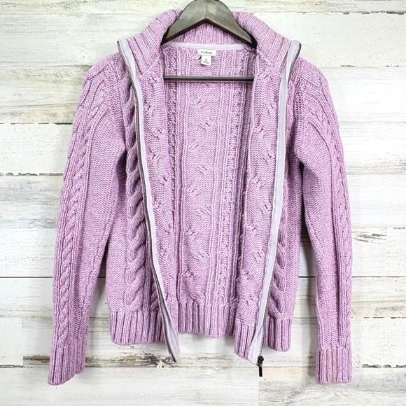 L.L.Bean Pink Cable Knit Full Zip Mock Neck Sweater Jacket Womens XS Cotton‎ - Picture 3 of 13